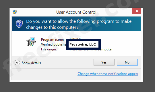 Screenshot where Frostwire, LLC appears as the verified publisher in the UAC dialog